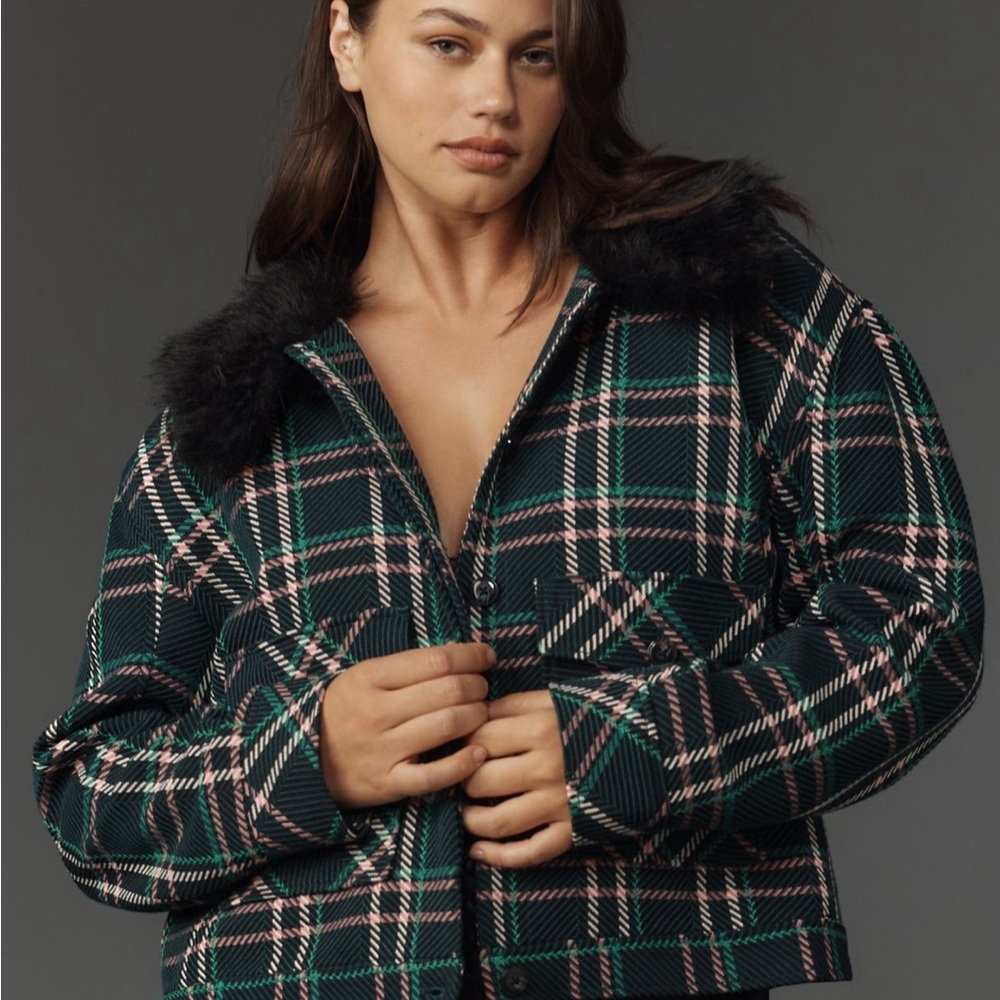 Maeve Plaid Faux-Fur Collar Cropped Jacket